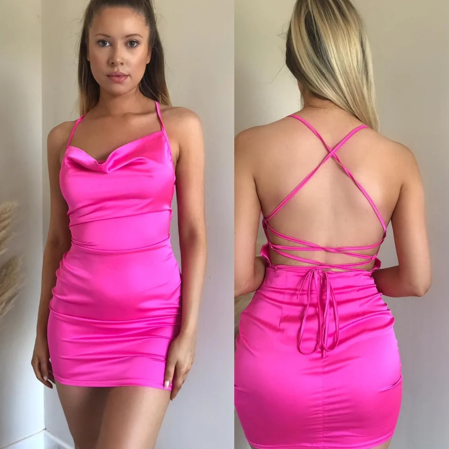 Hot Pink Cowl Neck Satin Mini Dress – Mrs C's Boutique