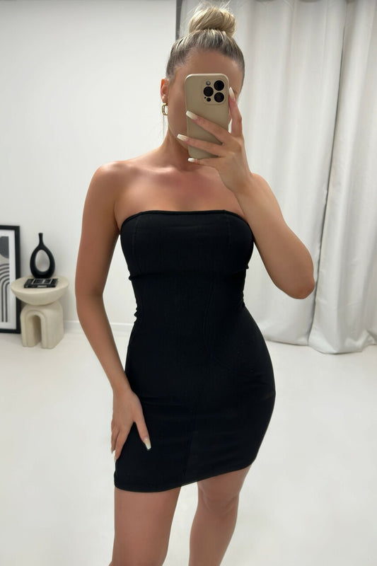 Black Bodycon Premium Ribbed Jersey Bandeau Mini Dress with Stitch Detailing