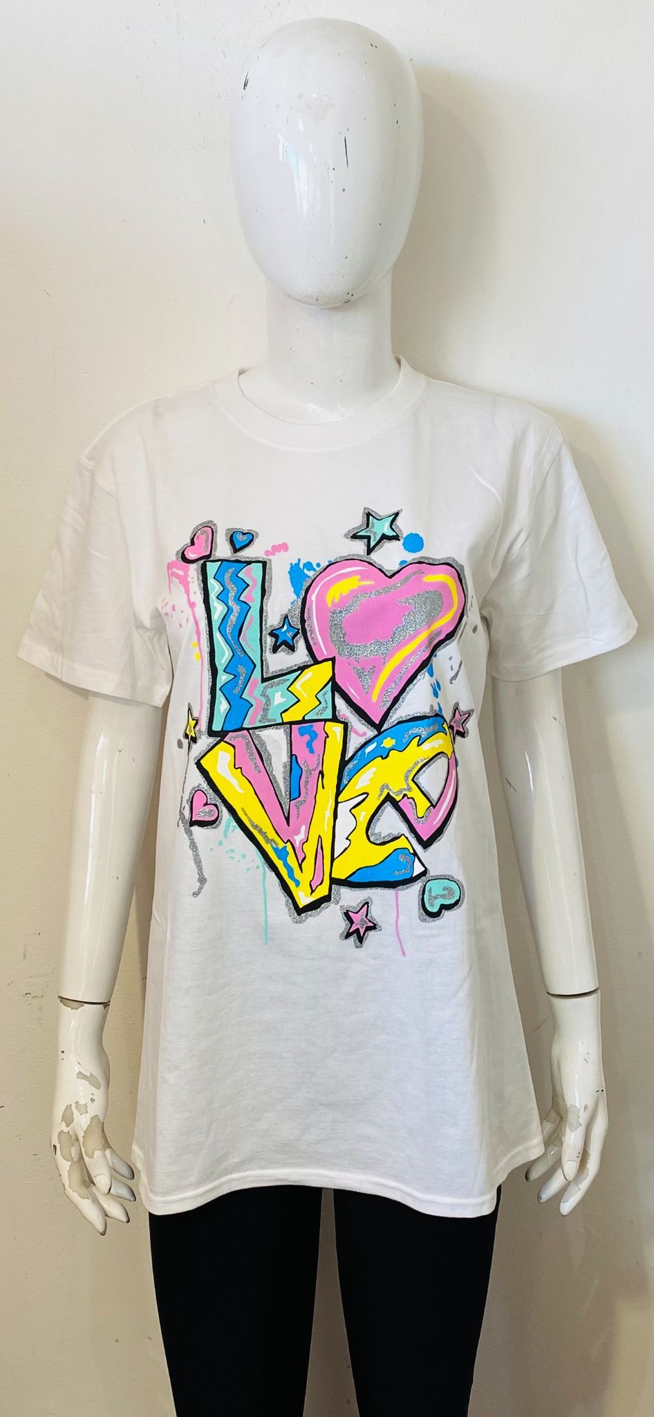 Love Graphic Printed Glitter Detail T-Shirt - Black or White