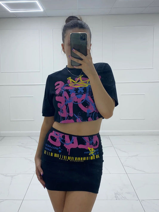 Black Self Love Club Crop Top & Skirt