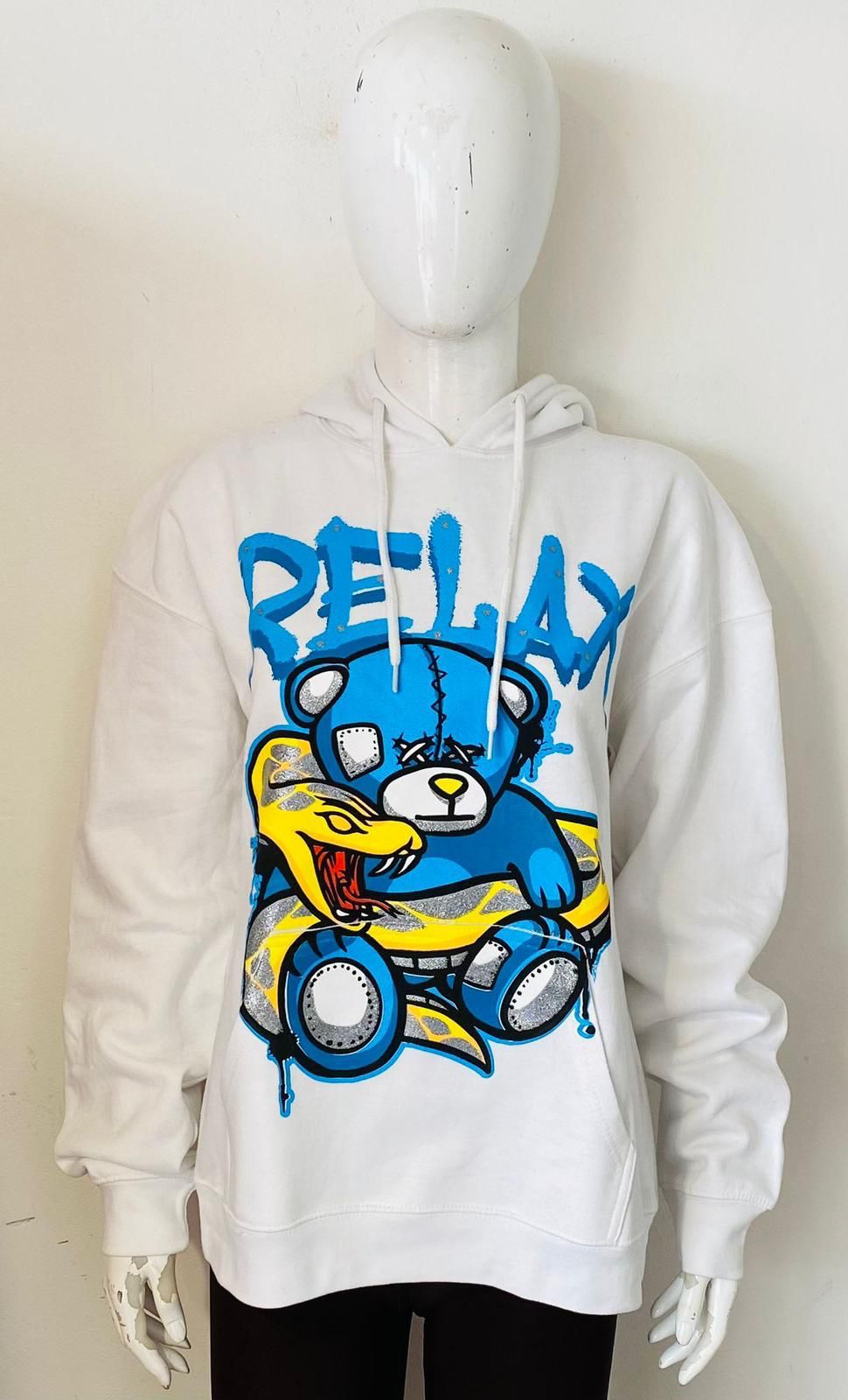 White Relax Snake & Teddy Graphic Print Hoodie