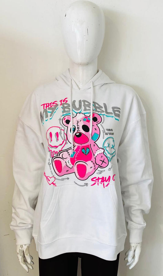 White My Bubble Teddy Graphic Print Hoodie