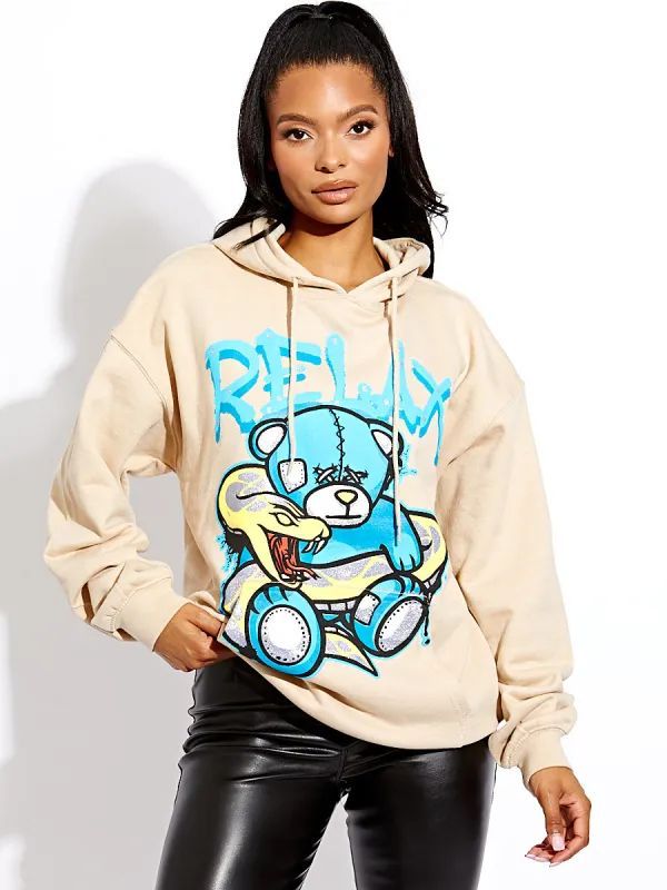 Stone Relax Snake & Teddy Graphic Print Hoodie
