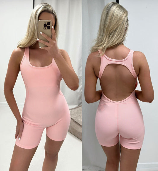 Pink Premium Ribbed Jersey Sleeveless Open Back Playsuit