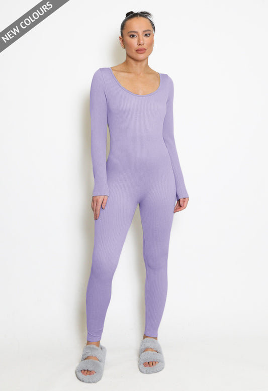 Lilac Long Sleeve Ribbed Scoop Neck Unitard Jumpsuit