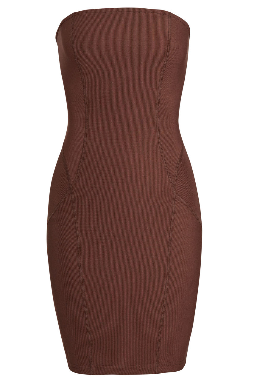 Brown Bodycon Premium Ribbed Jersey Bandeau Mini Dress with Stitch Detailing