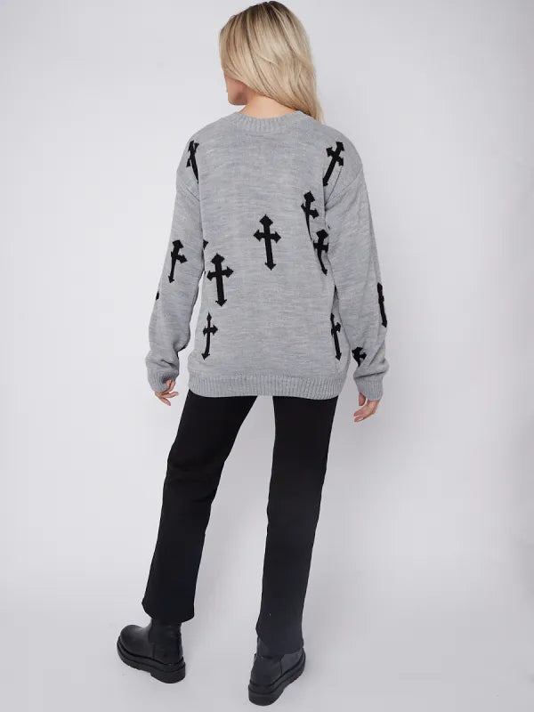 Grey Crucifix Detail Oversized Knitted Jumper