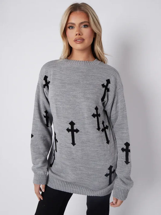 Grey Crucifix Detail Oversized Knitted Jumper