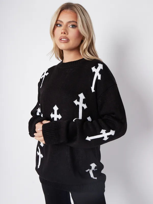 Black Crucifix Detail Oversized Knitted Jumper