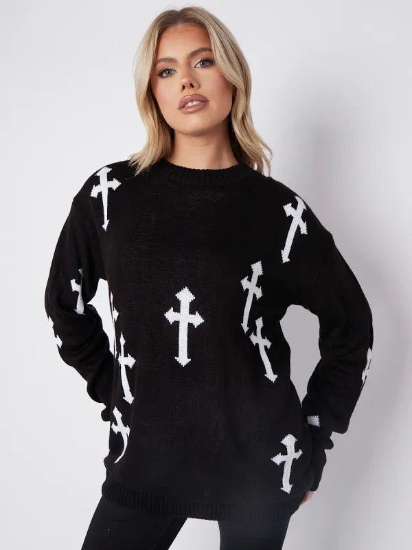 Black Crucifix Detail Oversized Knitted Jumper