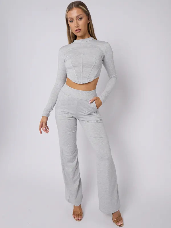 Grey Corset Style Crop Top & Wide Leg Trouser Co-ord