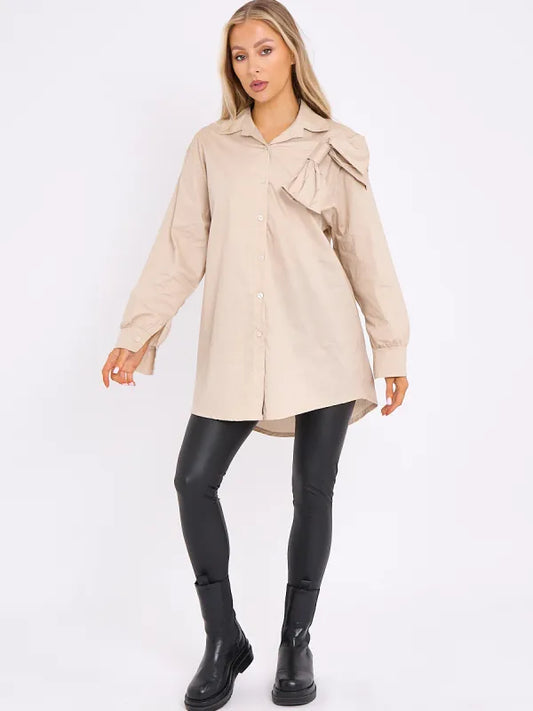 Stone Bow Detail Oversized Buttoned Shirt Dress