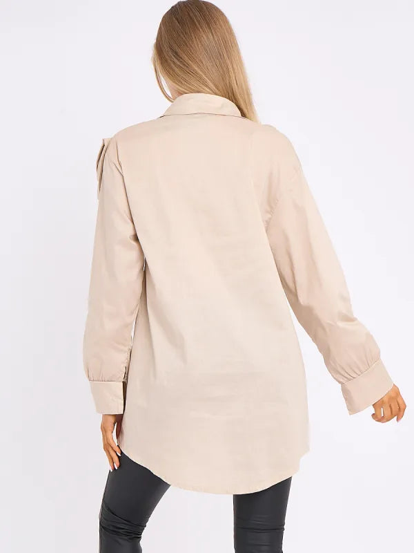 Stone Bow Detail Oversized Buttoned Shirt Dress