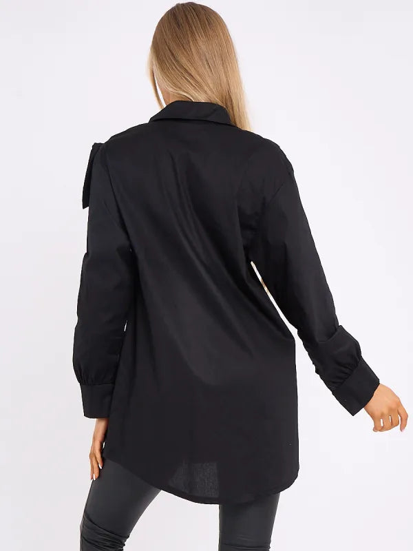 Black Bow Detail Oversized Buttoned Shirt Dress