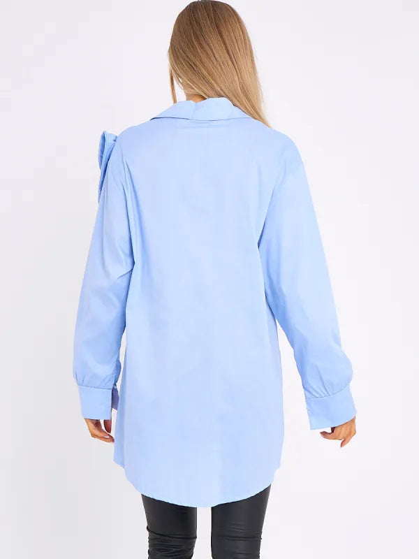 Blue Bow Detail Oversized Buttoned Shirt Dress