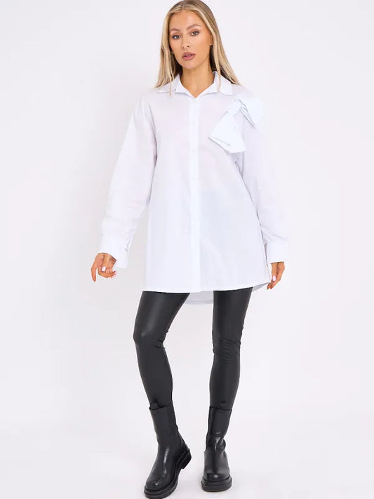White Bow Detail Oversized Buttoned Shirt Dress