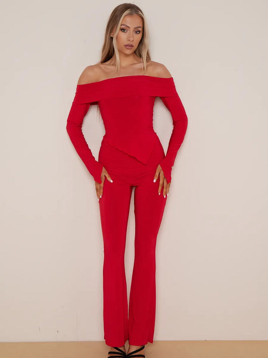 Red Asymmetric Slinky Bardot Top & Flared Trouser Co-ord