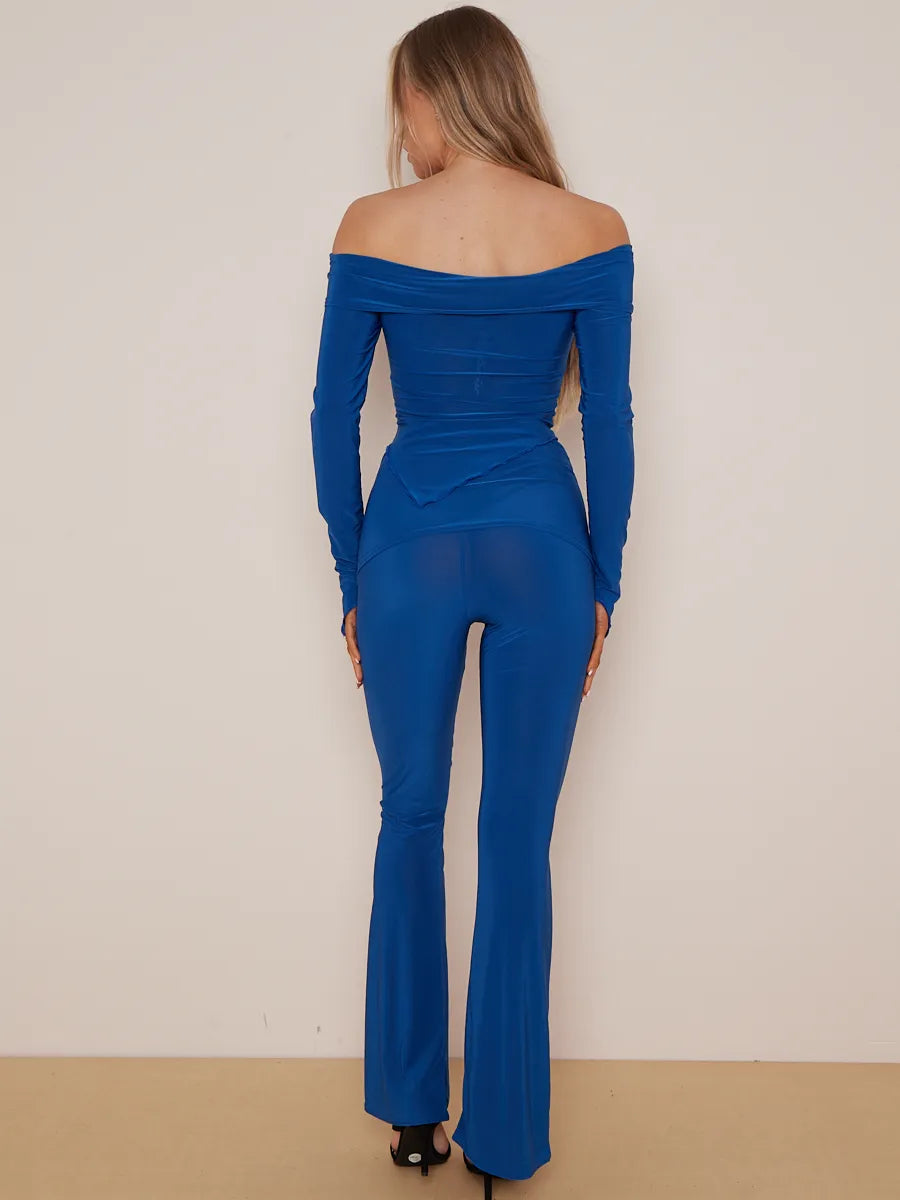 Royal Blue Asymmetric Slinky Bardot Top & Flared Trouser Co-ord