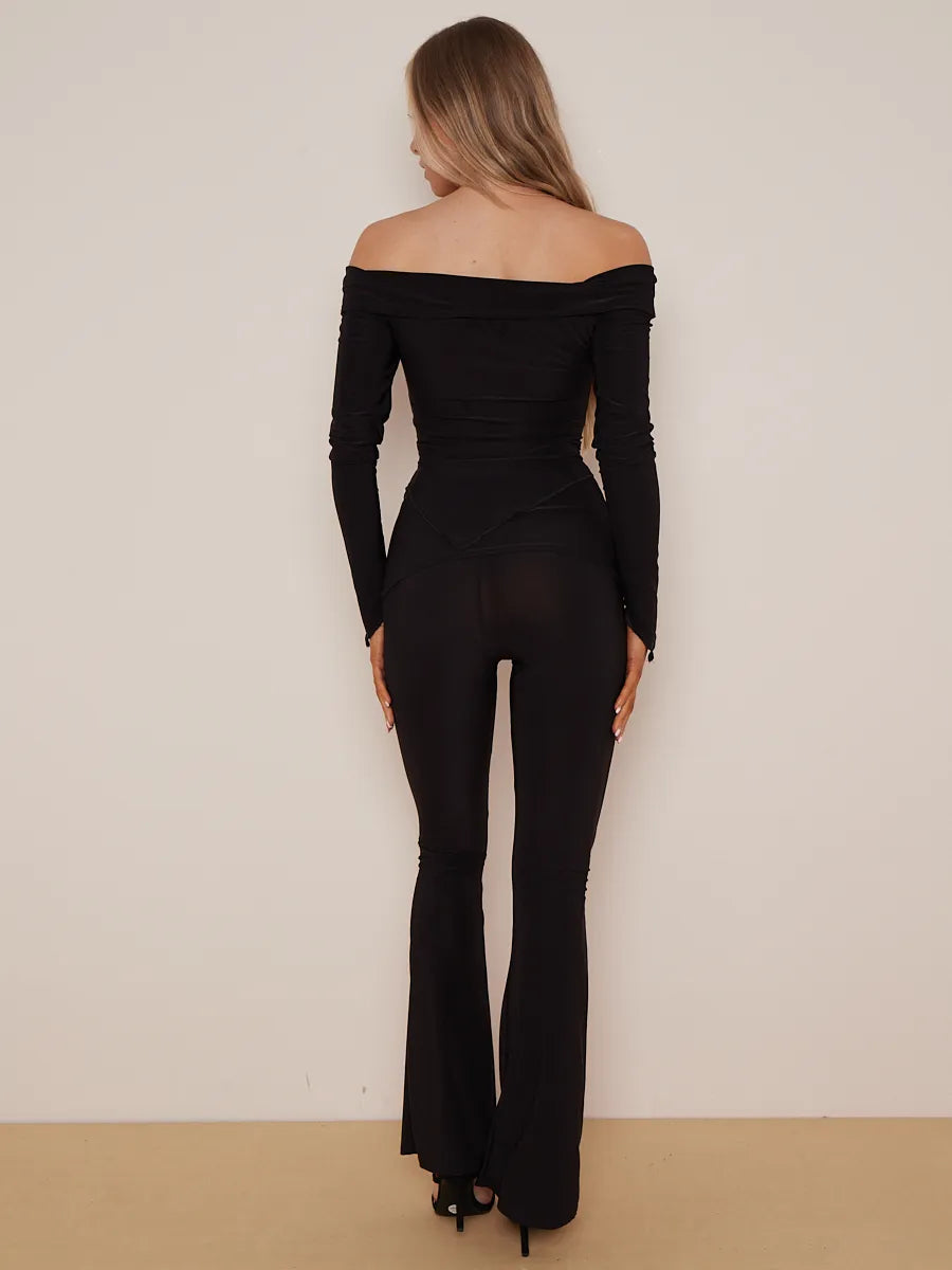 Black Asymmetric Slinky Bardot Top & Flared Trouser Co-ord