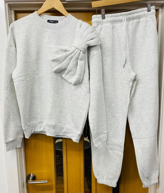 Grey Bow Detail Sweatshirt & Jogger Fleece Co-ord