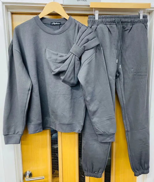 Charcoal Bow Detail Sweatshirt & Jogger Fleece Co-ord