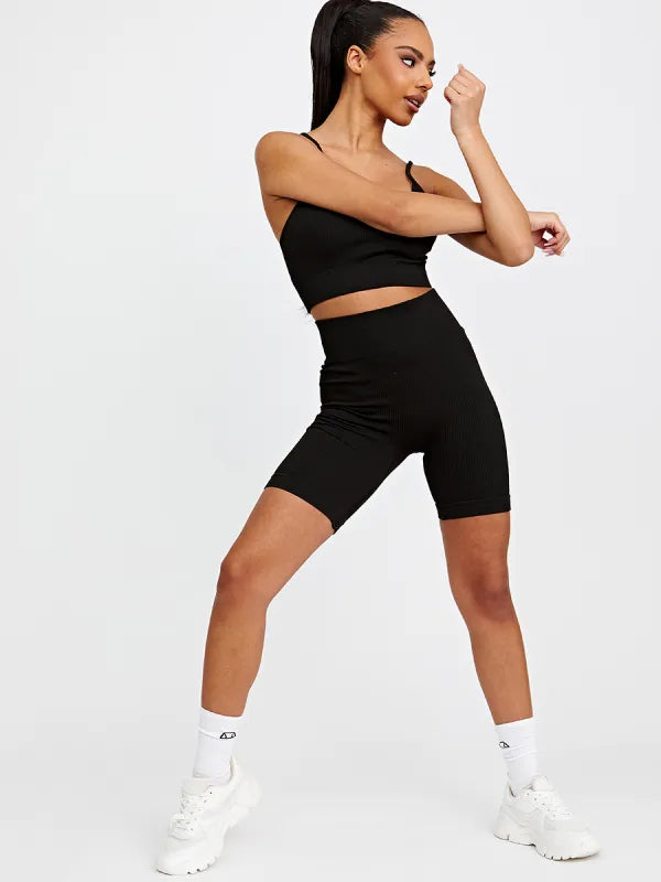 Black Ribbed Padded Bralet & Cycling Shorts Co-ord – Mrs C's Boutique