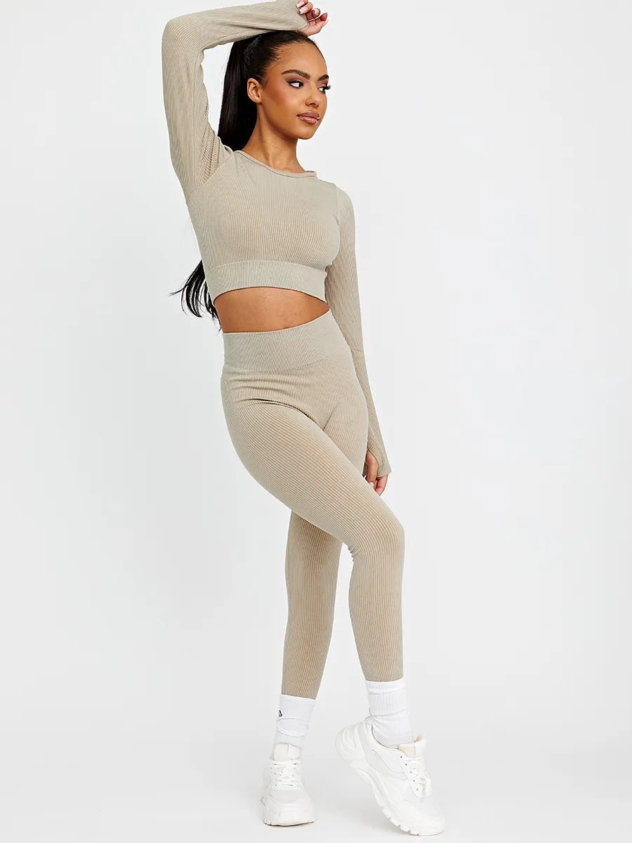 Stone Ribbed Active Long Sleeve Top & Leggings 2 Piece Set