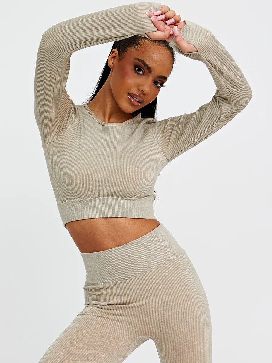 Stone Ribbed Active Long Sleeve Top & Leggings 2 Piece Set