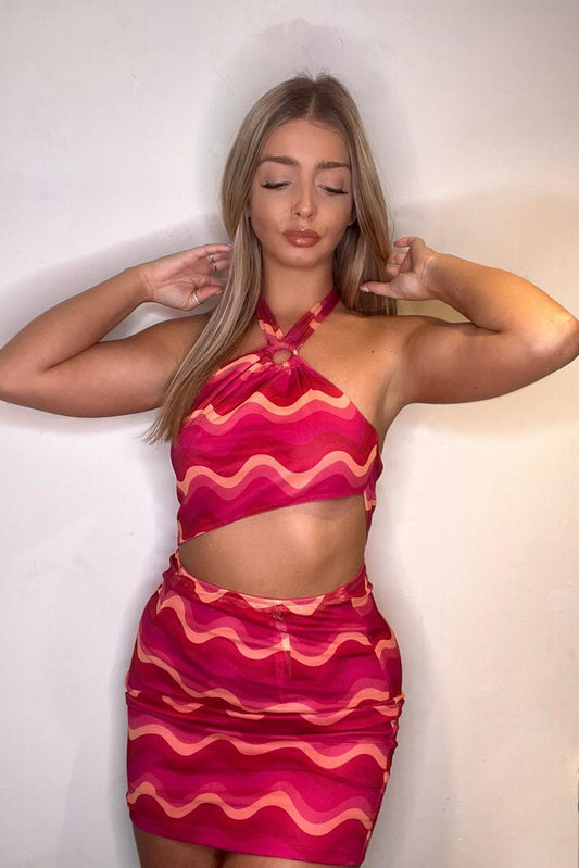 Pink Stripe Asymmetric Halter Mini Dress