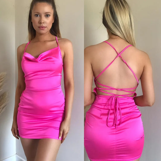 Hot Pink Cowl Neck Satin Mini Dress