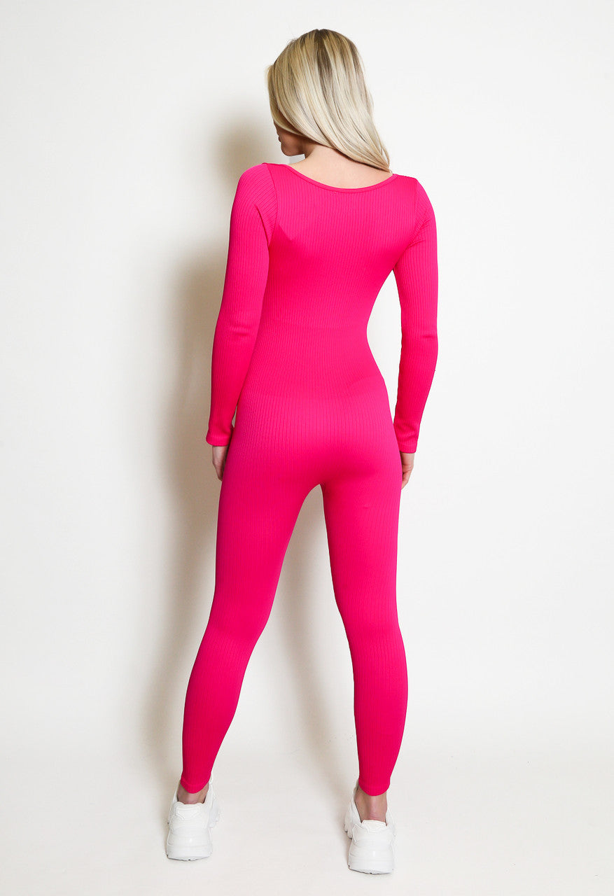 Hot Pink Long Sleeve Ribbed Scoop Neck Unitard Jumpsuit – Mrs C's Boutique