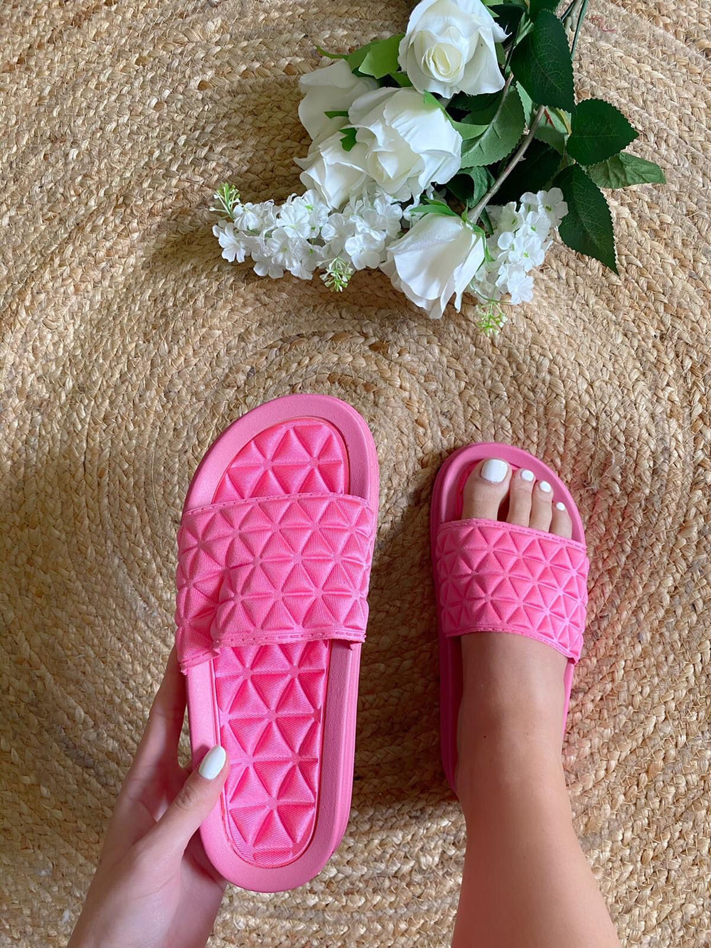 Fuchsia Pink Padded Pyramid Detail Flat Slides sandals