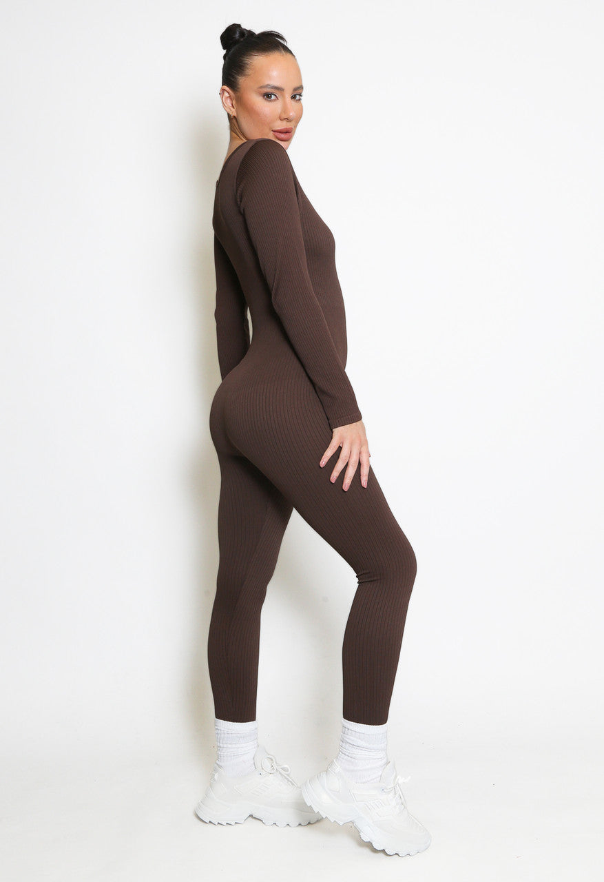 Brown Long Sleeve Ribbed Scoop Neck Unitard Jumpsuit – Mrs C's Boutique