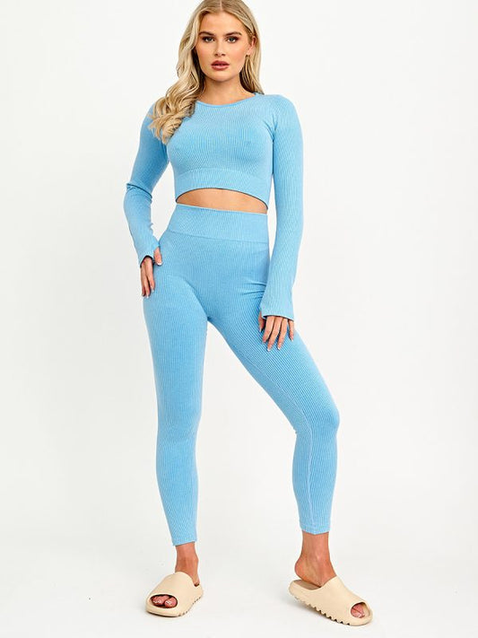 Blue Ribbed Active Long Sleeve Top & Leggings 2 Piece Set