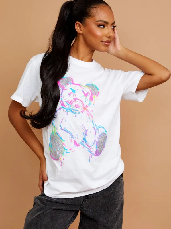 White Colour Drip Teddy Graphic Printed T-Shirt